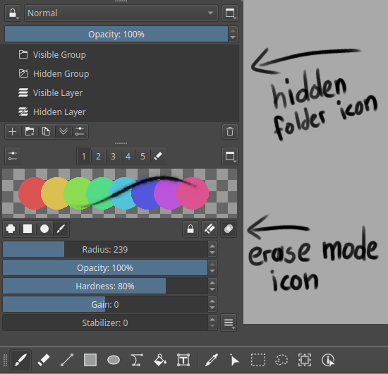 Layer group and erase mode icons