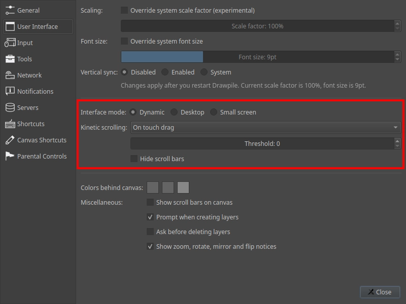 Interface mode and kinetic scrolling settings
