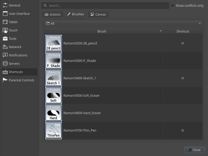 Brush shortcuts settings