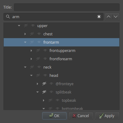 Key frame properties dialog with layer search