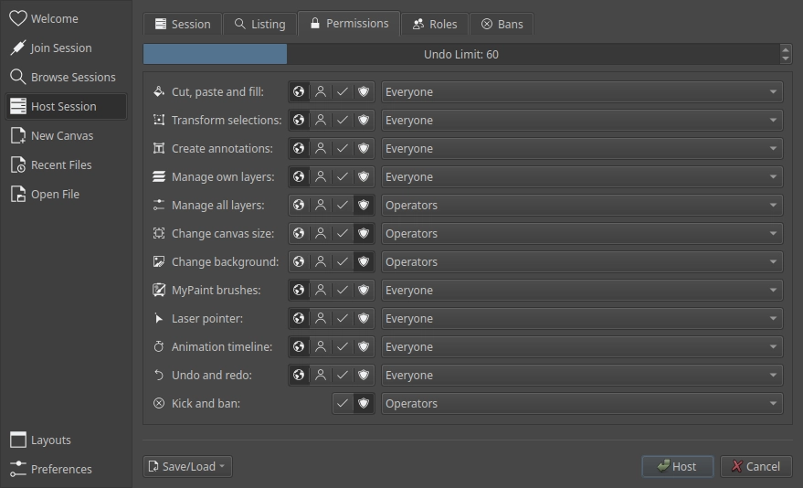 Permissions tab of the host dialog