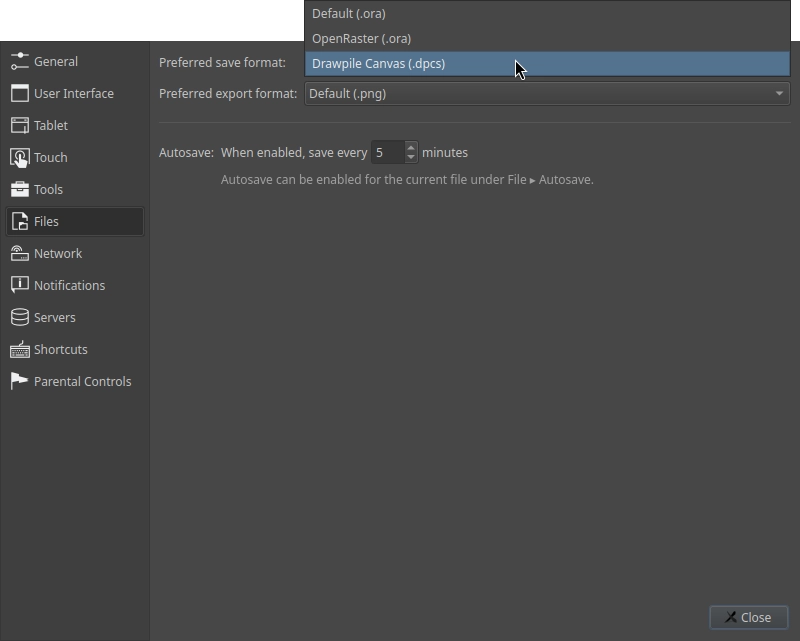 Preferred file format settings with DPCS selected