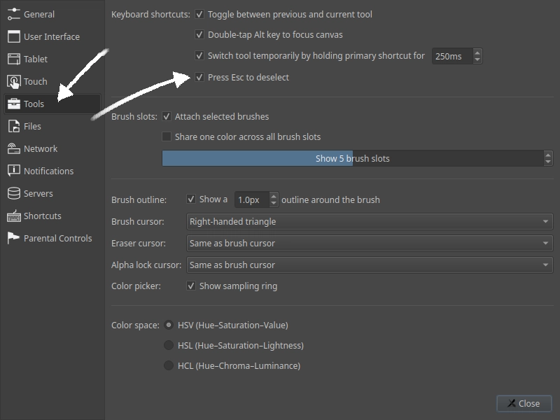 Escape to deselect setting