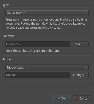 Canvas shortcut edit dialog with action assigned
