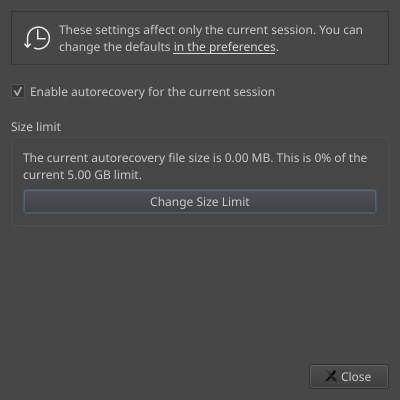 Autorecovery settings dialog