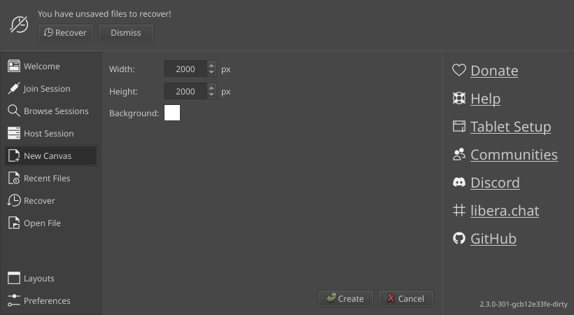 Autorecovery warning in start dialog