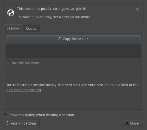 Warning in the invite dialog about the session being public