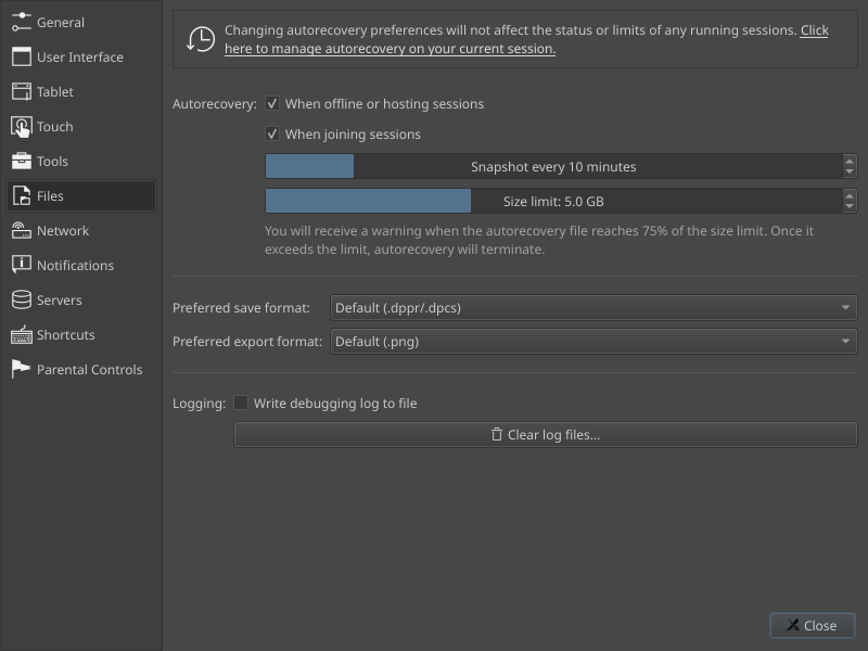 Autorecovery preferences