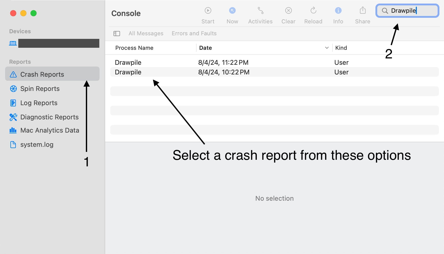 Console application with a list of crash reports