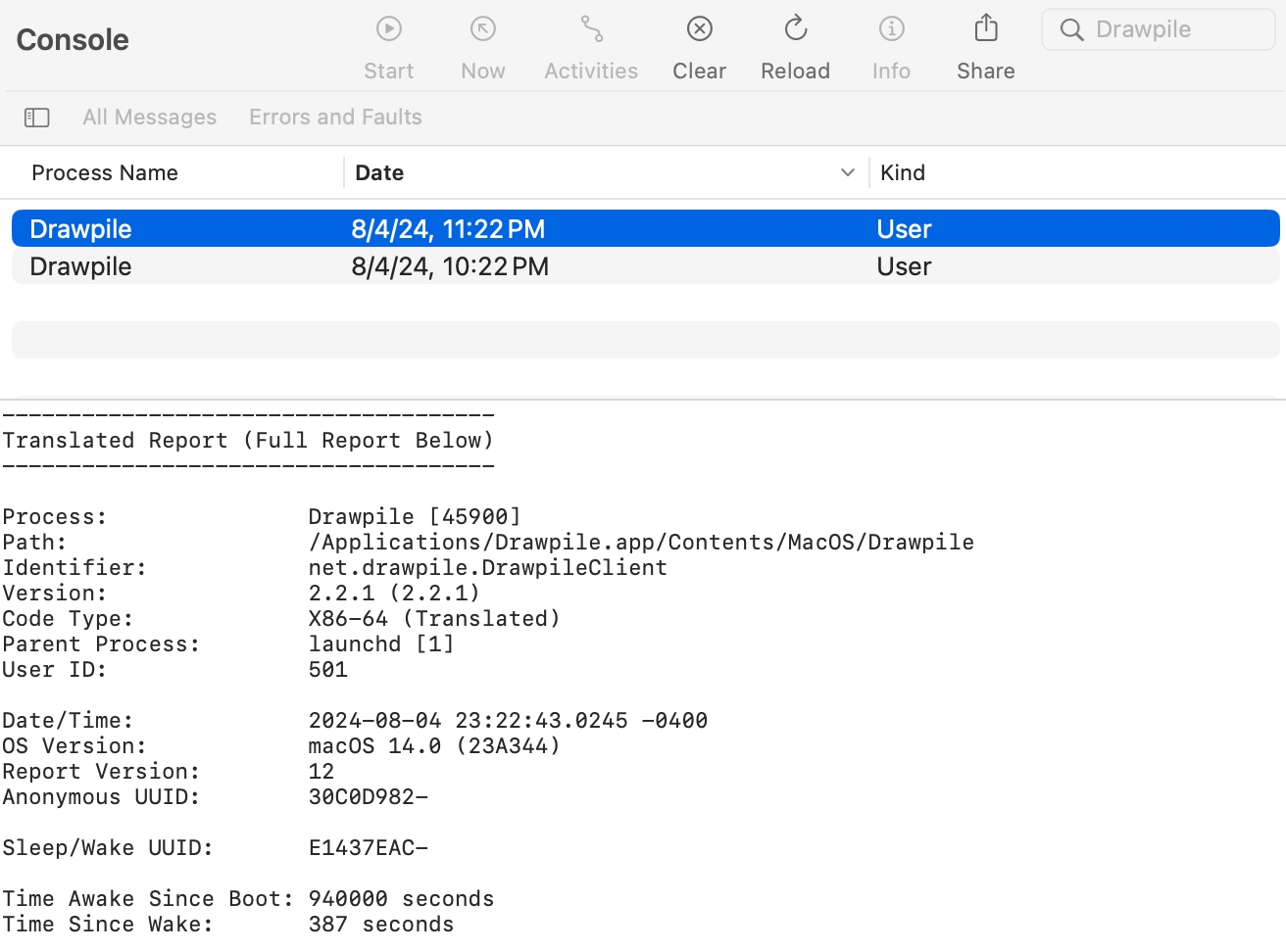 A single crash report selected in the Console application