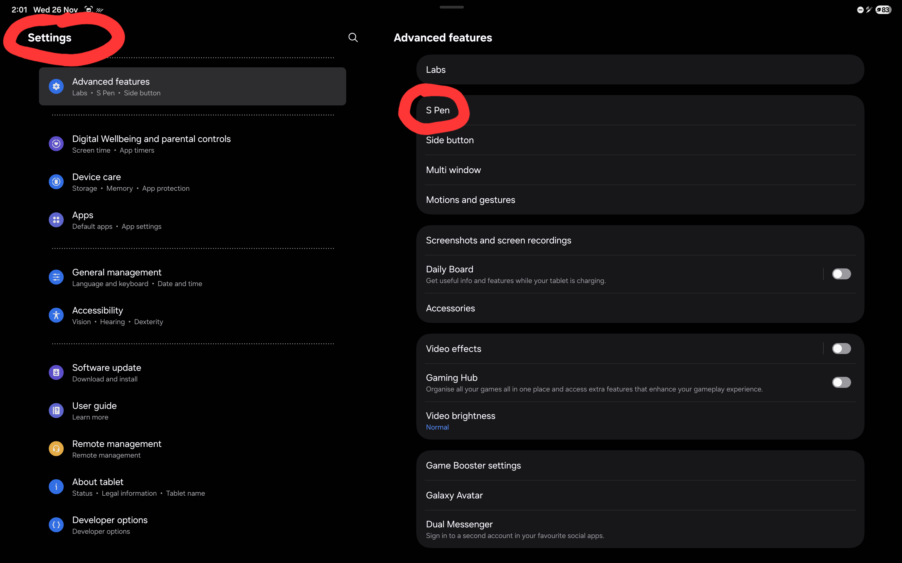 S-Pen section in Settings